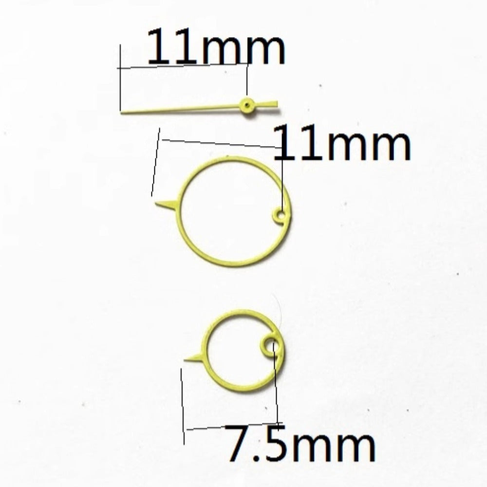 Yellow hollow big ring watch hands, 11x11x7mm, compatible with Miyota 2035 quartz movement, precision fit.
