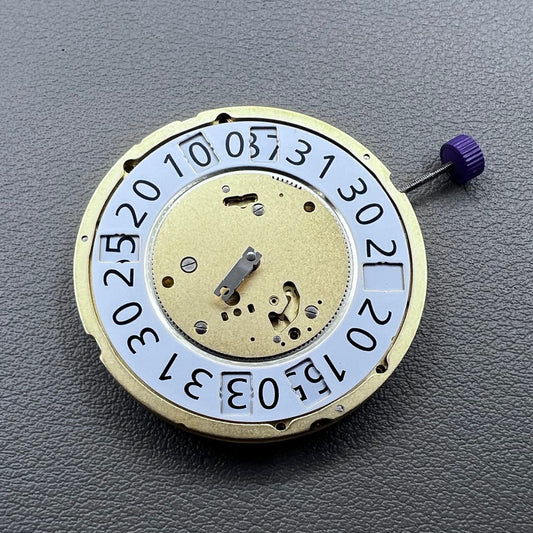 Swiss Ronda 7004.B quartz watch movement with big date at 12 and seconds at 6, reliable precision.