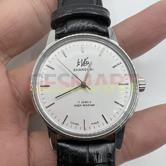 Shanghai 36mm manual mechanical watch with white dial, 17 jewels, classic Chinese craftsmanship.