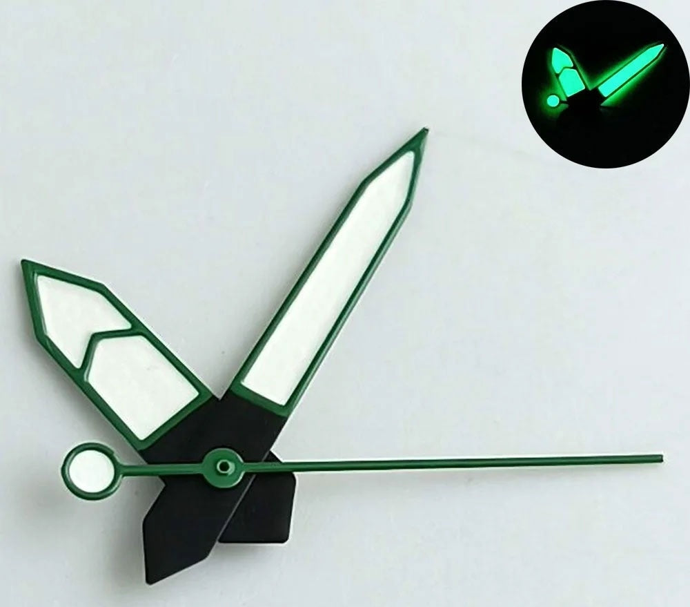 Green Trim Green Lume watch hands for NH35, NH36 models, perfect for enhanced night visibility.
