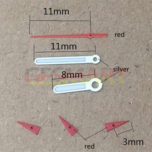 Round pointed 11mm green luminous watch hands by Miyota, ideal for OS10, OS20, OS60, OS80 movements.