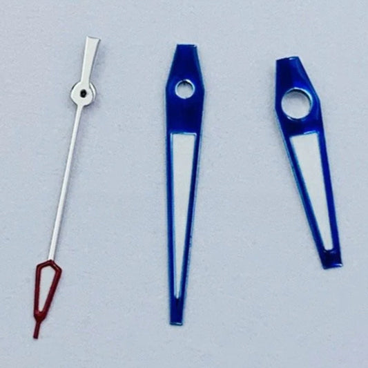 Blue-trimmed lume watch hands with red tips for NH34, NH35, NH36, NH38, NH39 movements.