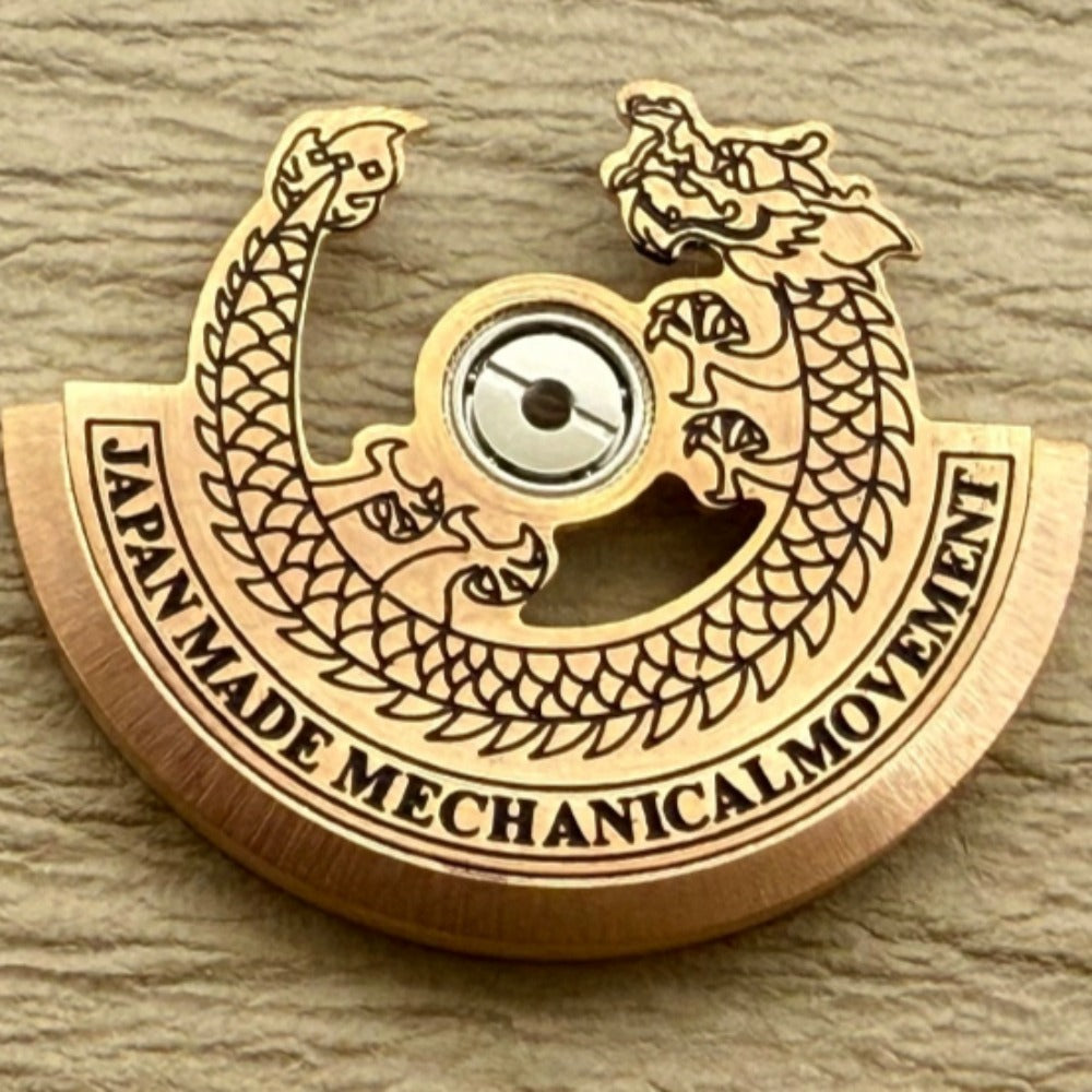 Modified Rose Gold Dragon carved rotor oscillating weight for NH35 NH36 watches, precision design.