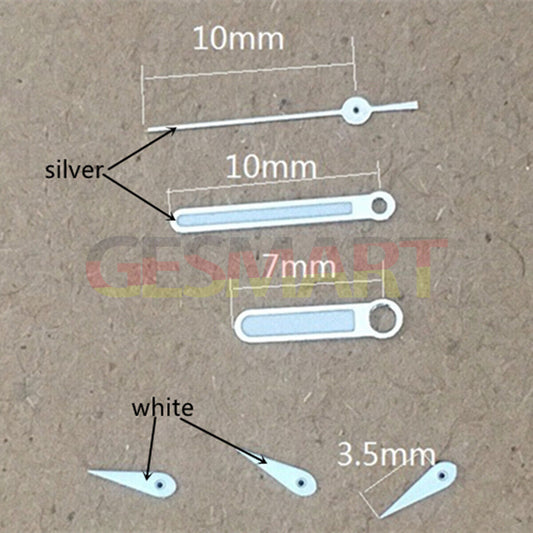 Silver trim 10mm pointed watch hands for Miyota OS10, OS20, OS60, OS80 movements.