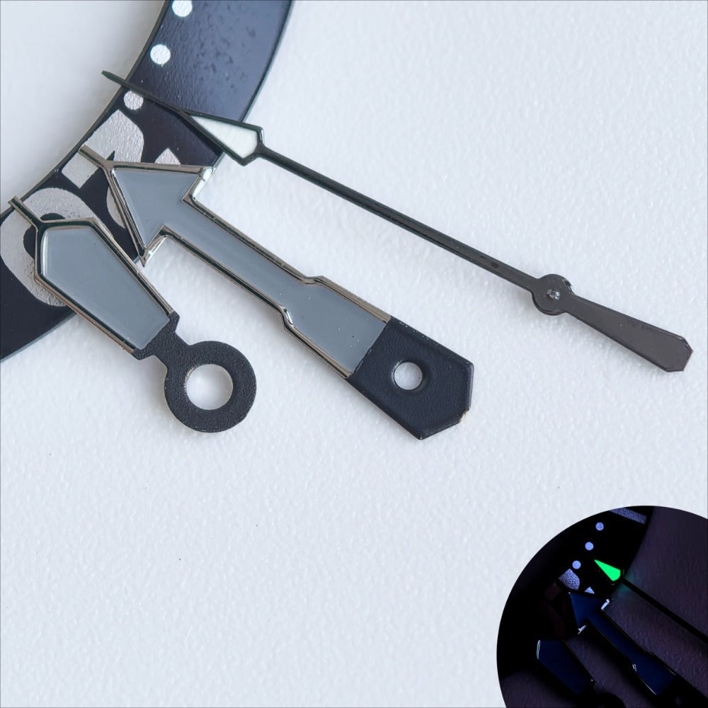 Silver trimmed grey painted black watch hands with green lume for NH35/36 movement.