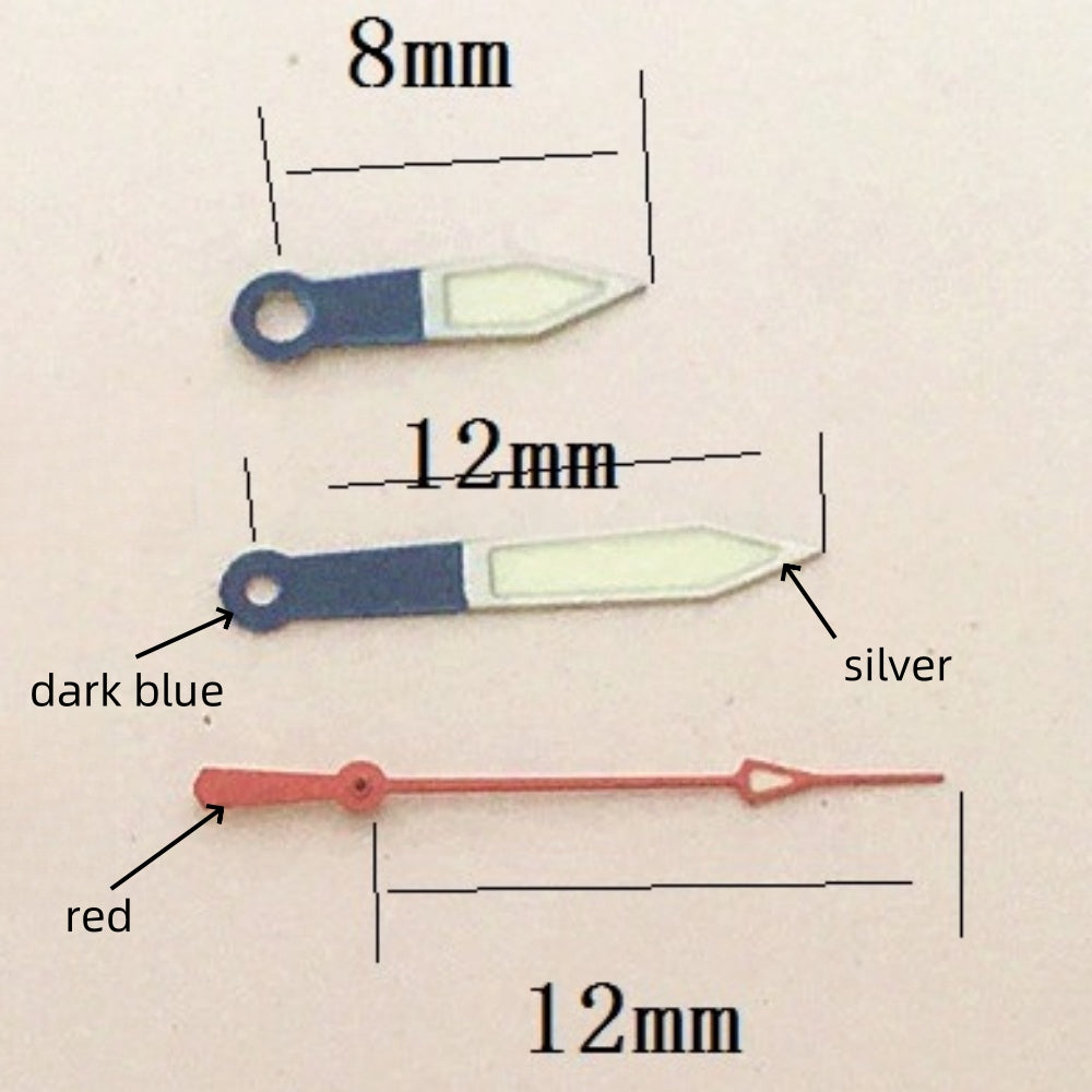 Dark blue lume watch hands with silver trim, compatible with Ronda 515 quartz movement, stylish upgrade.