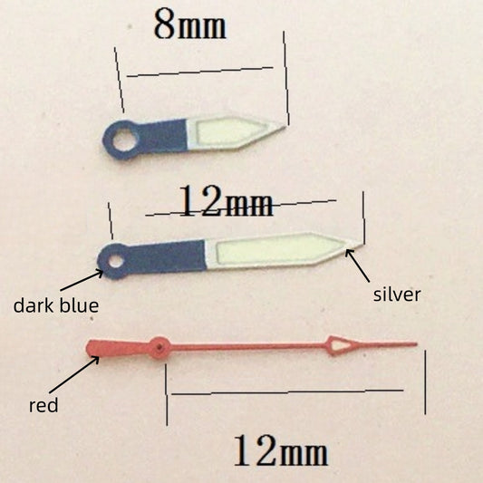 Dark blue lume watch hands with silver trim, compatible with Ronda 515 quartz movement, stylish upgrade.