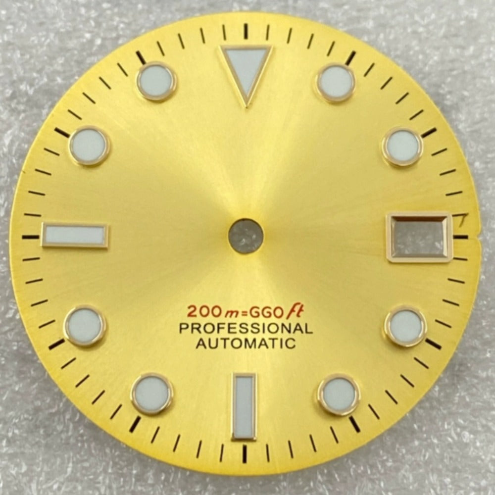 Green lume watch dial with golden trim, designed for NH35/36 movement, perfect for elegant timepieces.