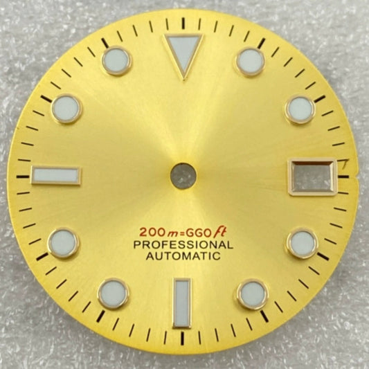 Green lume watch dial with golden trim, designed for NH35/36 movement, perfect for elegant timepieces.