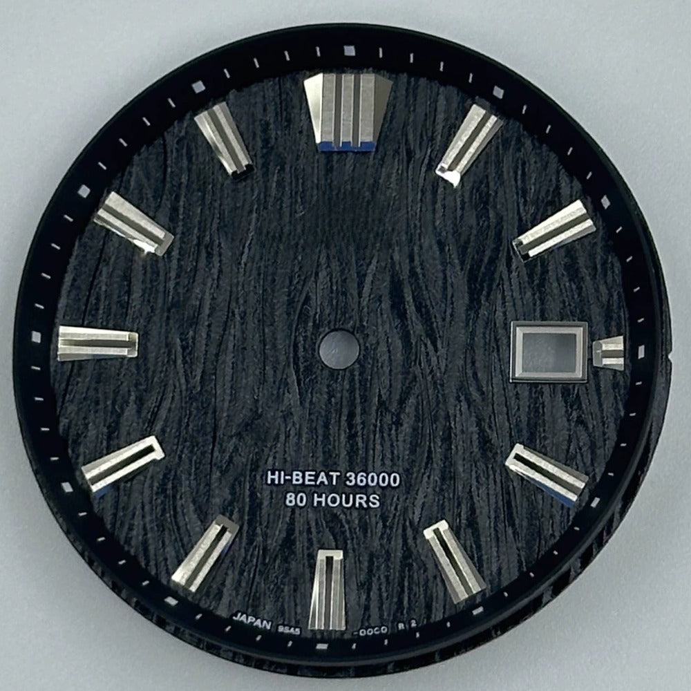 Black GS 33.3mm watch dial with no lume, modified waved design, compatible with NH35 movement by GS brand.