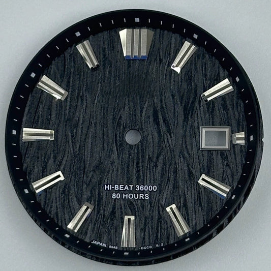 Black GS 33.3mm watch dial with no lume, modified waved design, compatible with NH35 movement by GS brand.