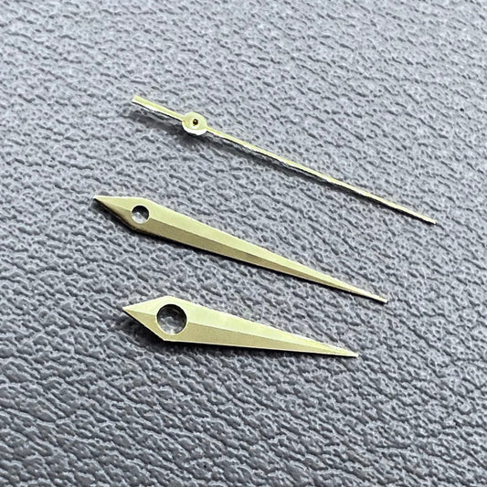 Golden trim arrow-shaped watch hands for NH35 NH36 7S26 NH70 NH72 movements, no lume, precise fit.