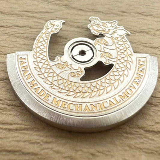 Silver Dragon golden carved rotor for NH35 NH36 watches, enhancing movement with brand craftsmanship.