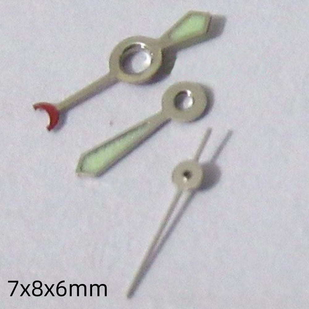 Red pointed watch hands with silver trim and green lume, compatible with Miyota 2035, 2115, 2105, 2305 movements.