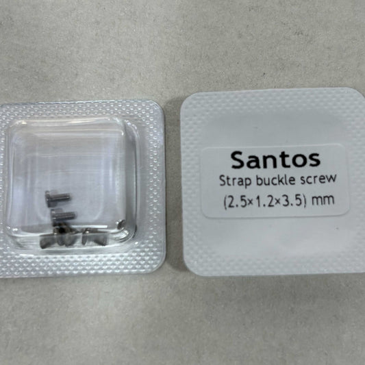 Close-up of 2.5x1.2x3.5mm buckle screws for Santos watch case back repair, precision fit.