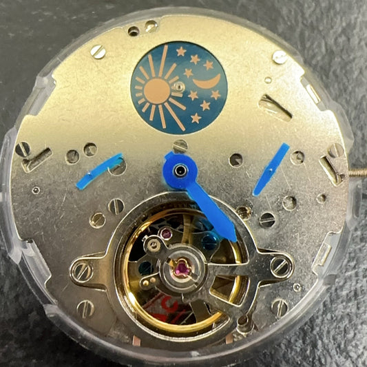 Shanghai LB20 flywheel watch accessory with 6 hands and moon phase at 12 o'clock, mechanical movement.