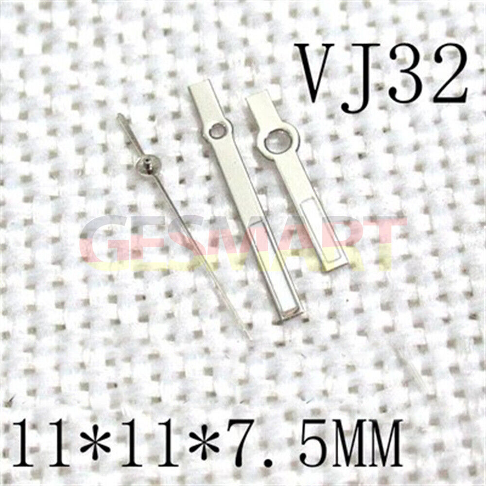 Silver trim square green lume watch hands for Epson VJ32 movement, durable and luminous brand components.