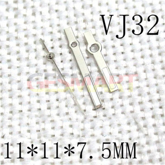 Silver trim square green lume watch hands for Epson VJ32 movement, durable and luminous brand components.