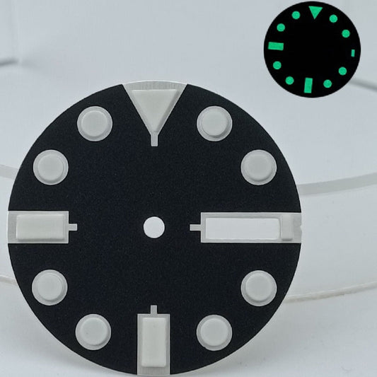 28.5mm black metal diving watch dial with green lume, compatible with NH36 movements.