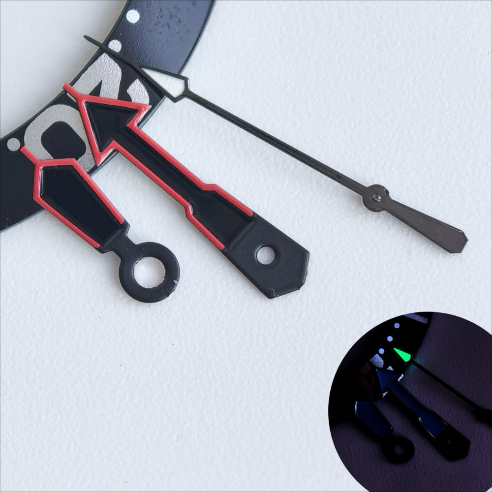 Red trim black painted watch hands with green lume for NH35/36 movement, enhancing visibility and style.
