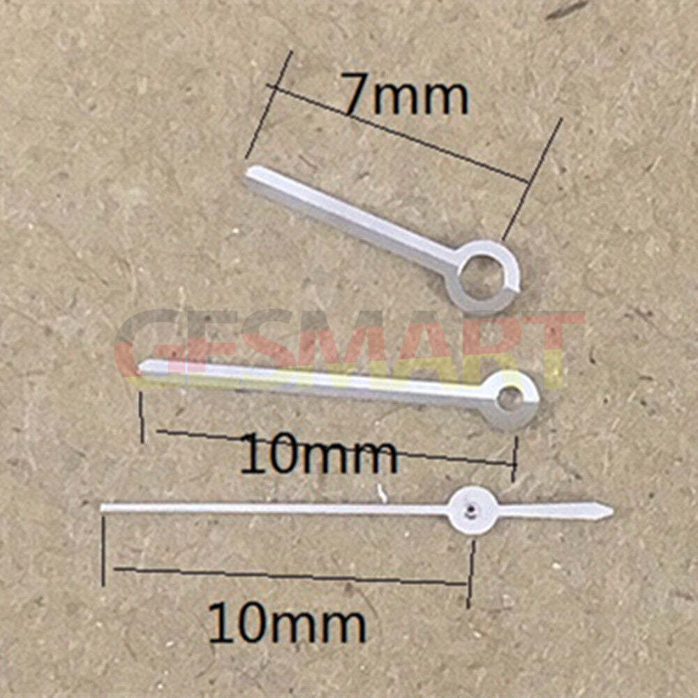 Silver 10mm round point watch hands for Miyota 7T35 quartz movement, precise time display.