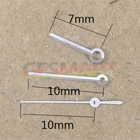Silver 10mm round point watch hands for Miyota 7T35 quartz movement, precise time display.