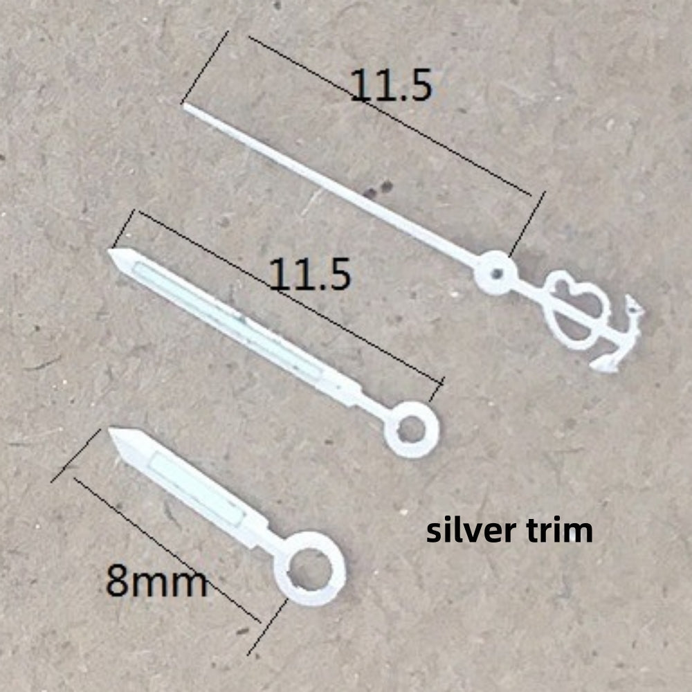 Silver trim green lume watch hands for Seagull ST6 automatic mechanical movement, precise and luminous.