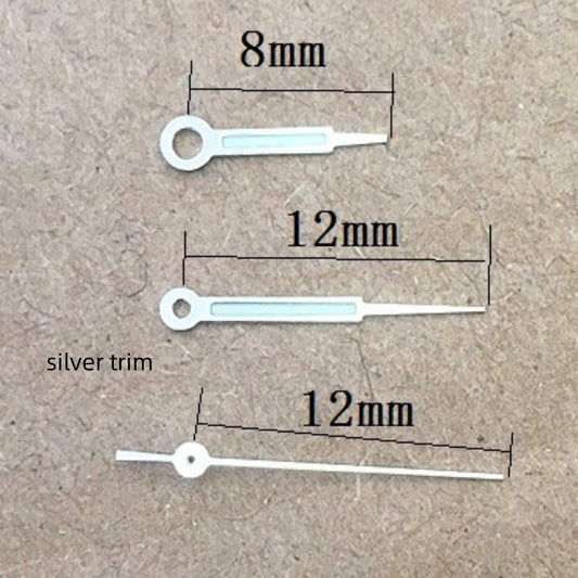 Silver trim green lume pointed watch hands set, compatible with Ronda 515 quartz movement, for precise timekeeping.