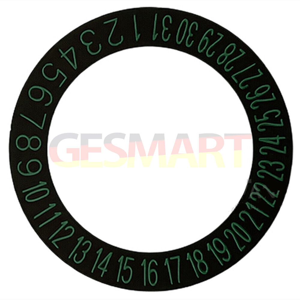 Black background date disk wheel with green font, compatible with NH35 NH36 movements, date at 6 o'clock.
