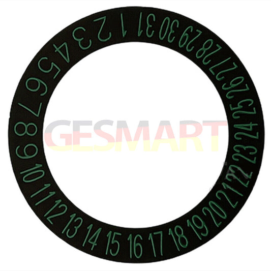 Black background date disk wheel with green font, compatible with NH35 NH36 movements, date at 6 o'clock.