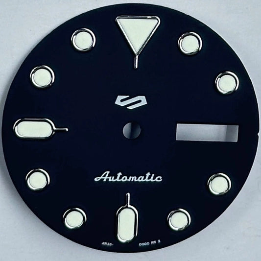 Black and silver trimmed Nail Datejust dial with green lume for NH35 NH36 watch movement by Black+Silver.