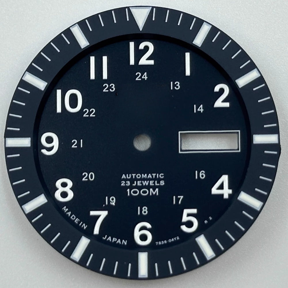 Vintage dark blue watch dial with green luminous markers for NH35 NH36 movement, ideal for elegant timepieces.