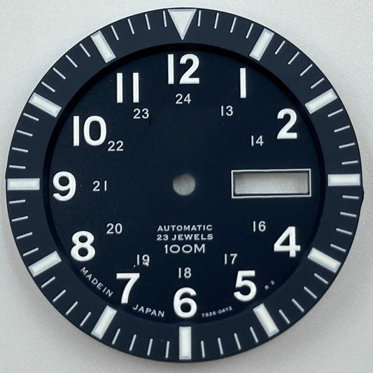 Vintage dark blue watch dial with green luminous markers for NH35 NH36 movement, ideal for elegant timepieces.