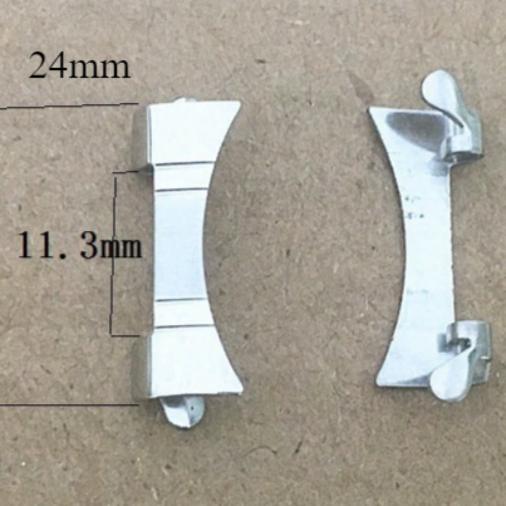 Silver stainless steel curved end links with spring bars for bracelet watch band strap, 24x11.3mm size.