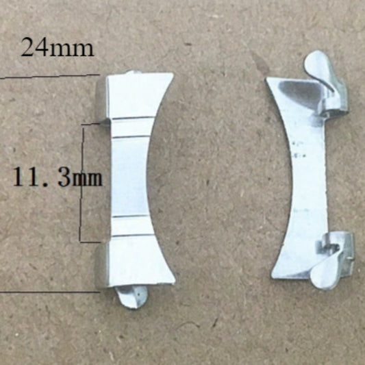 Silver stainless steel curved end links with spring bars for bracelet watch band strap, 24x11.3mm size.