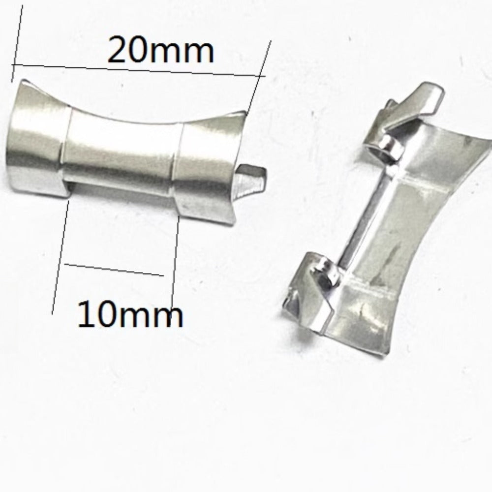 Polished 20x10mm silver steel curved end links with spring bars for watch straps