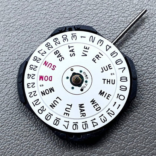 Japan Epson VX33 quartz watch movement with 3 hands, English day-date display for precision timing