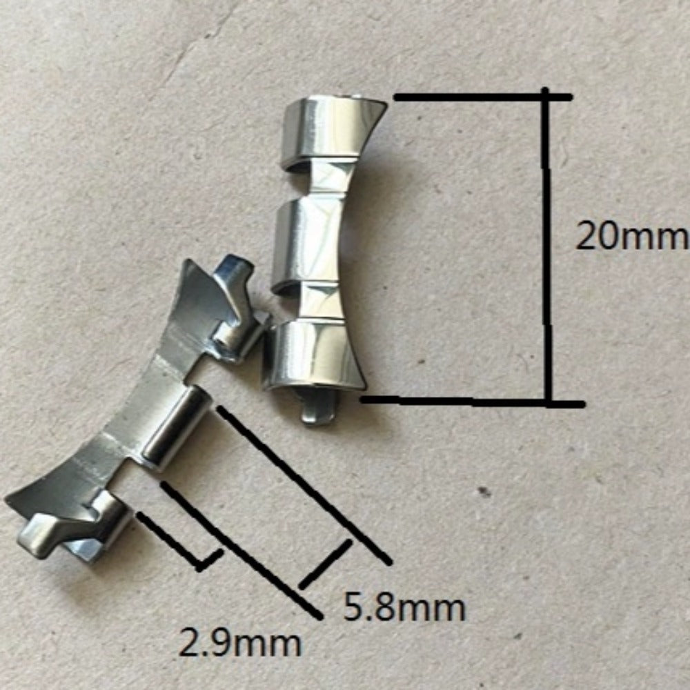 Silver stainless steel curved end links with spring bars for watch bands, 2.9x5.8x20mm, brand #355.