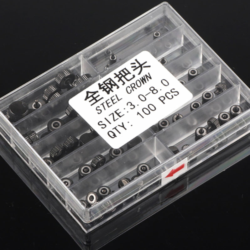 1. Assorted 3-8mm black stainless steel watch crowns for quartz watch repairs.  
