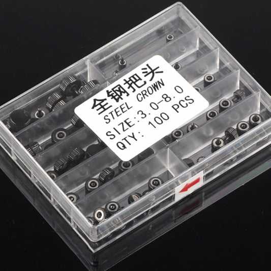 1. Assorted 3-8mm black stainless steel watch crowns for quartz watch repairs.  