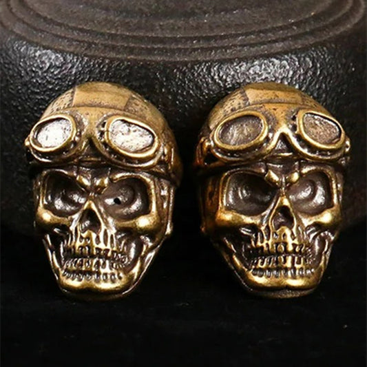 Hand-carved solid copper pilot's skull trinket, vintage bronze model figurine for collectors.