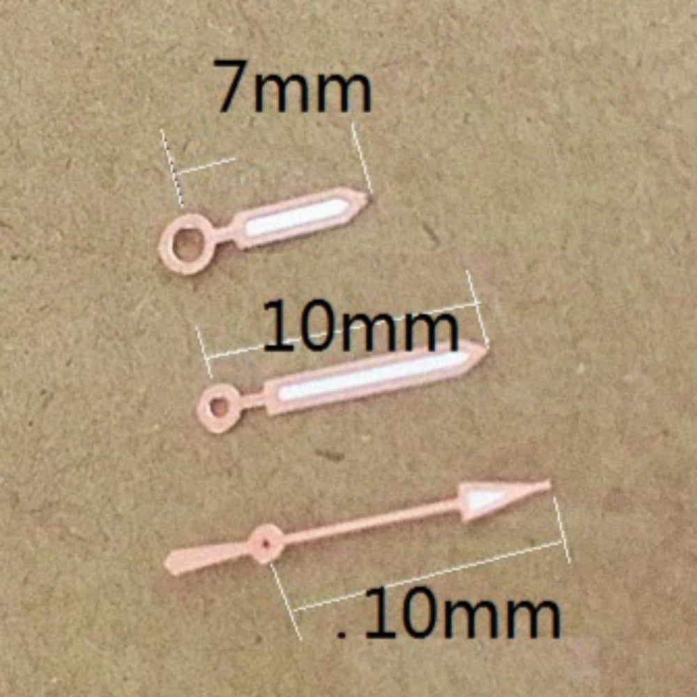 Rose gold arrow-shaped lume watch hands, 10x10x7mm, compatible with Miyota 2035 quartz movement.