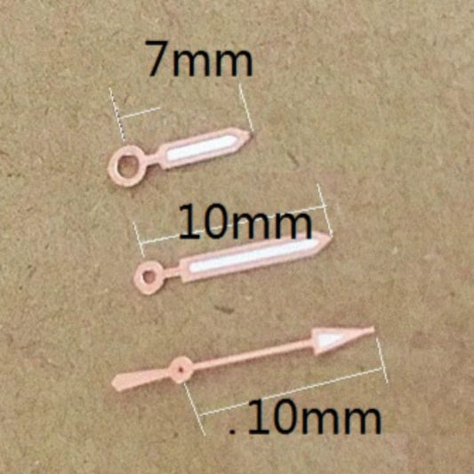 Rose gold arrow-shaped lume watch hands, 10x10x7mm, compatible with Miyota 2035 quartz movement.