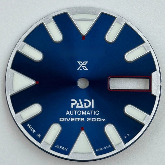 Blue modified diving watch dial with luminous markers, 28.5mm for NH35 NH36 movements, enhancing visibility and style.