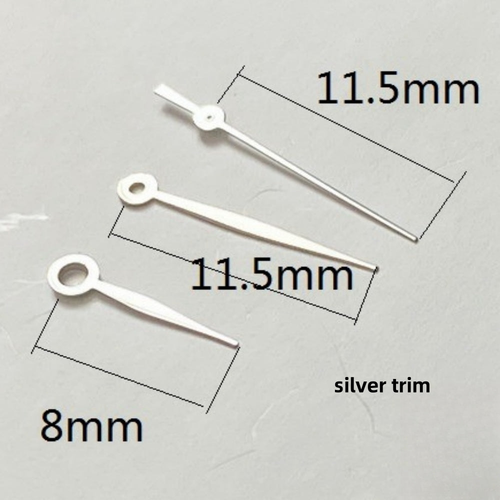 Silver trim watch hands set, 11.5x11.5x8mm, for Ronda 515 quartz movement