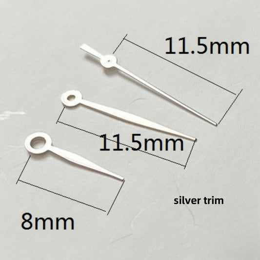 Silver trim watch hands set, 11.5x11.5x8mm, for Ronda 515 quartz movement