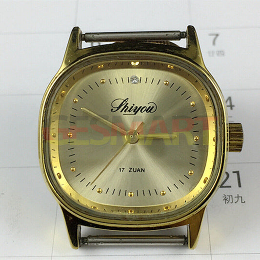 33mm China-made manual mechanical watch with 17 jewels, golden dial, and square case for elegant style.