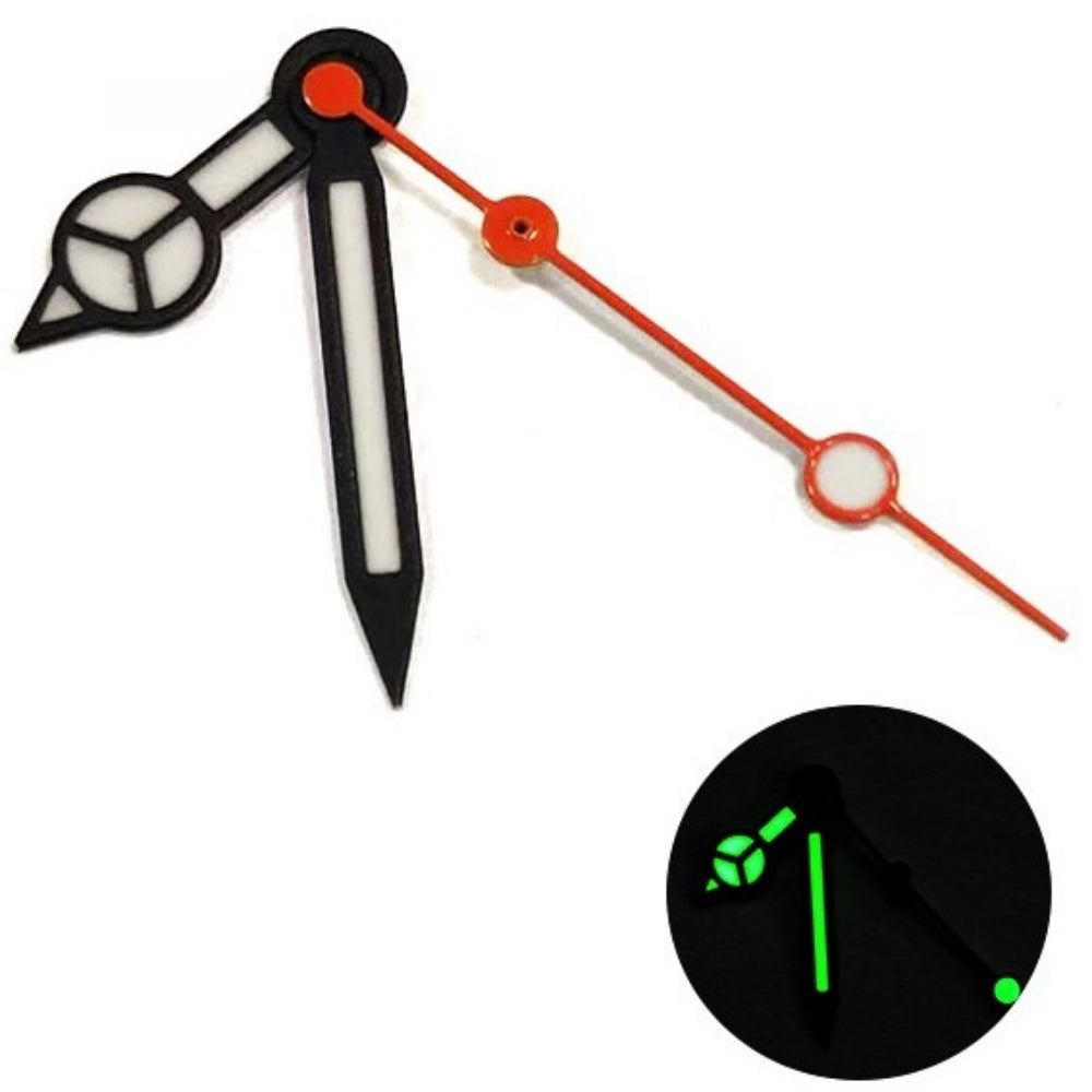 Matted black trimmed white painted lume watch hands with red second hand for NH35/36, precise fit for automatic movements.