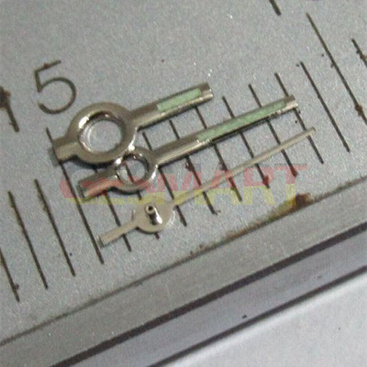 Green lume silver trim square pointed watch hands for Miyota 2035 2115 2105 2305 movements, precise fit and luminous.