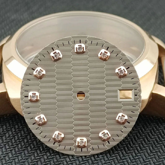 Rose Golden 28.5mm square Datejust watch dial with light grey finish, compatible with NH35 NH36 movements.